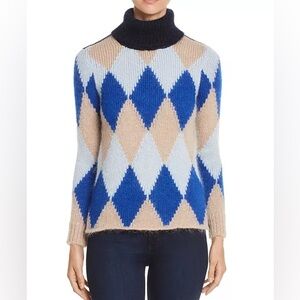 Tory Burch Libby Sweater Women’s XS Blue Beige Argyle Italian Mohair Turtleneck